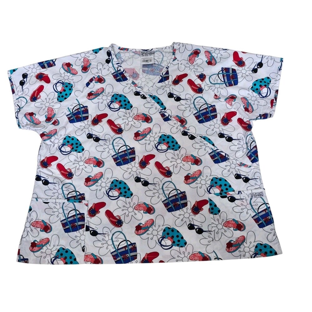 UA Scrubs 3XL Scrub Top Nurse Beach Party White Flowers Bags Medical Flip-flops